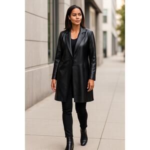 Chico’s Faux Leather Topper Coat Black Longline Blazer Jacket Size 0 (S) NWT